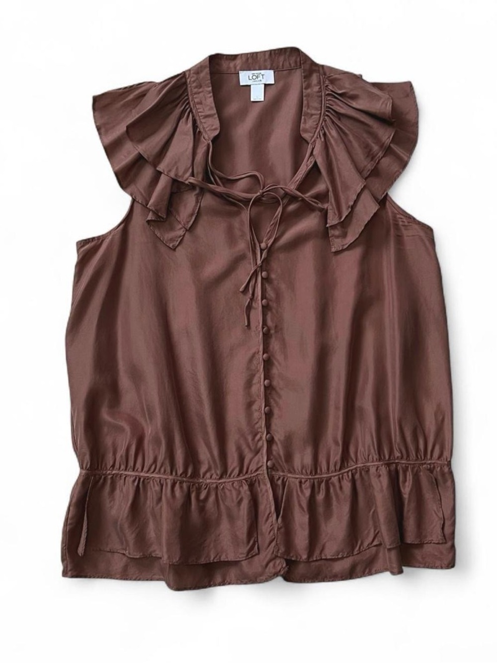 LOFT Ann Taylor Brown Ruffle Tie-Neck Sleeveless Blouse Size L